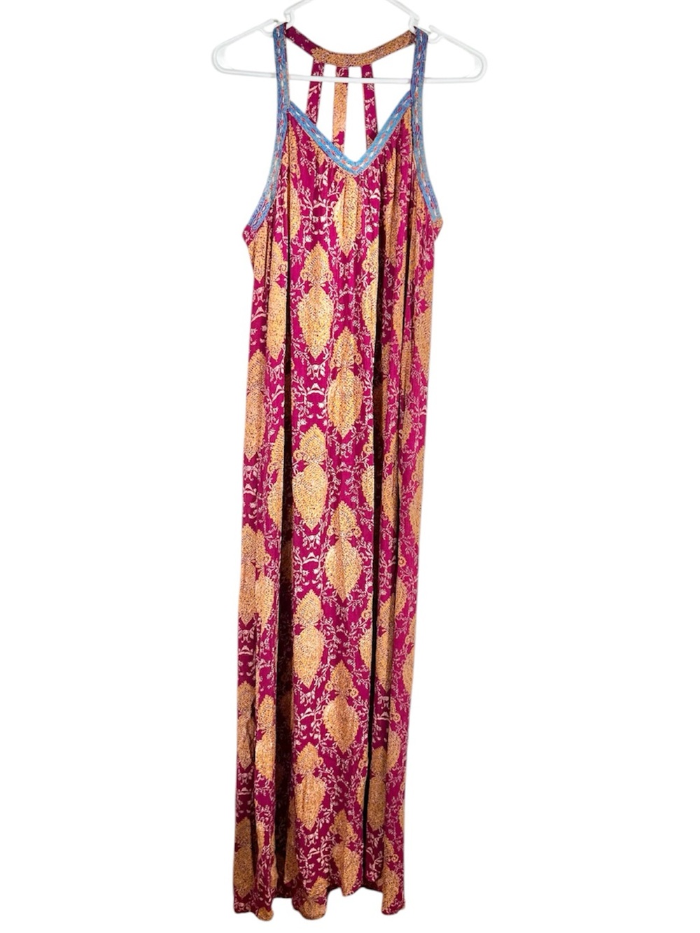Xhilaration Boho Paisley Medallion Maxi Dress XL Fuchsia Yellow Halter Neck